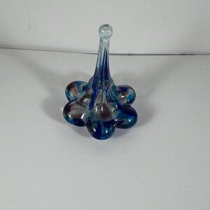 Blue & Clear Glass Paperweight Flower Design Home Decor Collectible